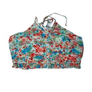 NWT American Eagle Smocked Ruffled Cropped Halter Top Pink & Blue Floral Size XL
